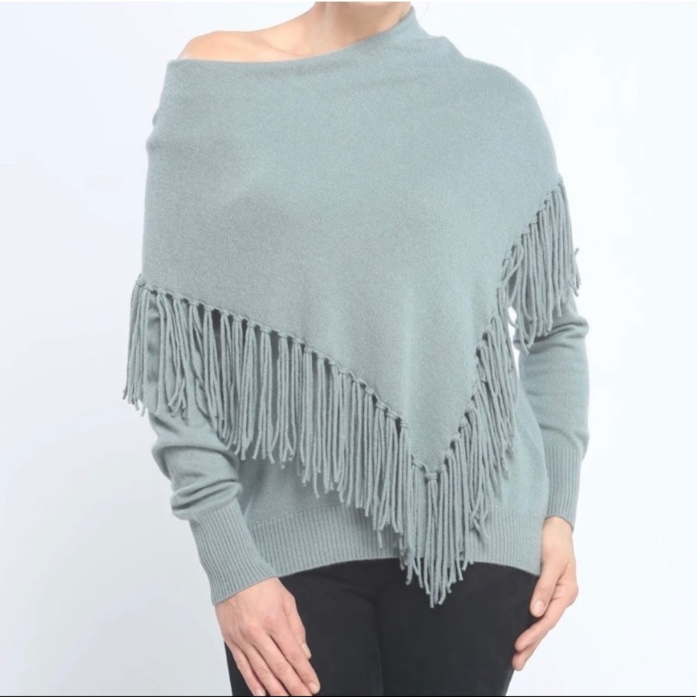 Zoe Couture Cashmere Fringe Off Shoulder Sweater Teal/ Aqua